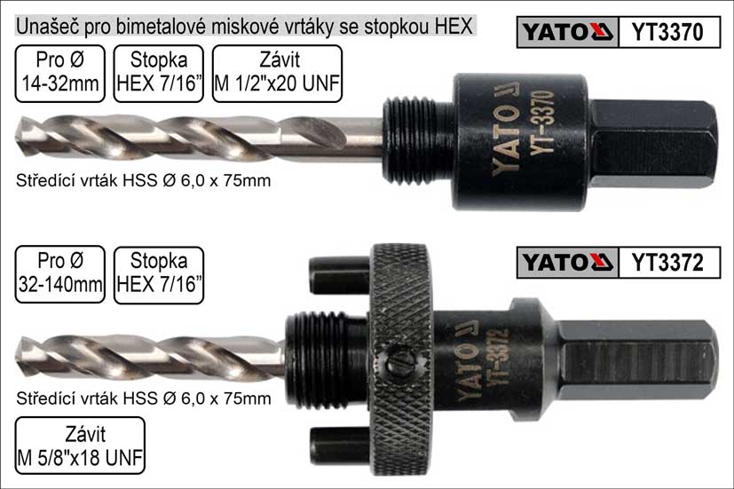 Unašeč pro bimetalové vrtáky 32-200mm se stopkou HEX 11mm YATO YT-3372, 5/8" 16mm 