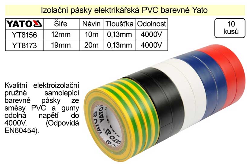 Izolační pásky elektrikářské PVC 19mm délka 20m barevné Yato balení